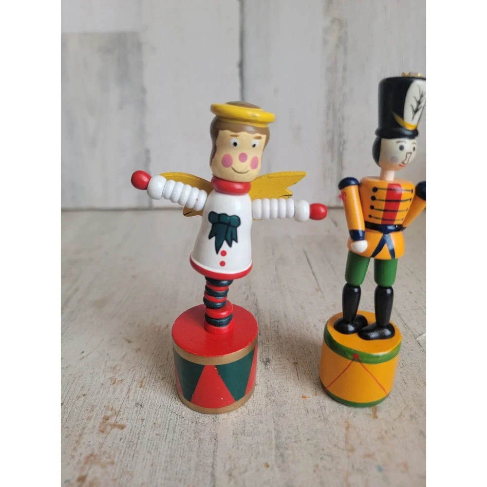 Vintage angel solider thumb push puppet toy set Xmas wooden unique